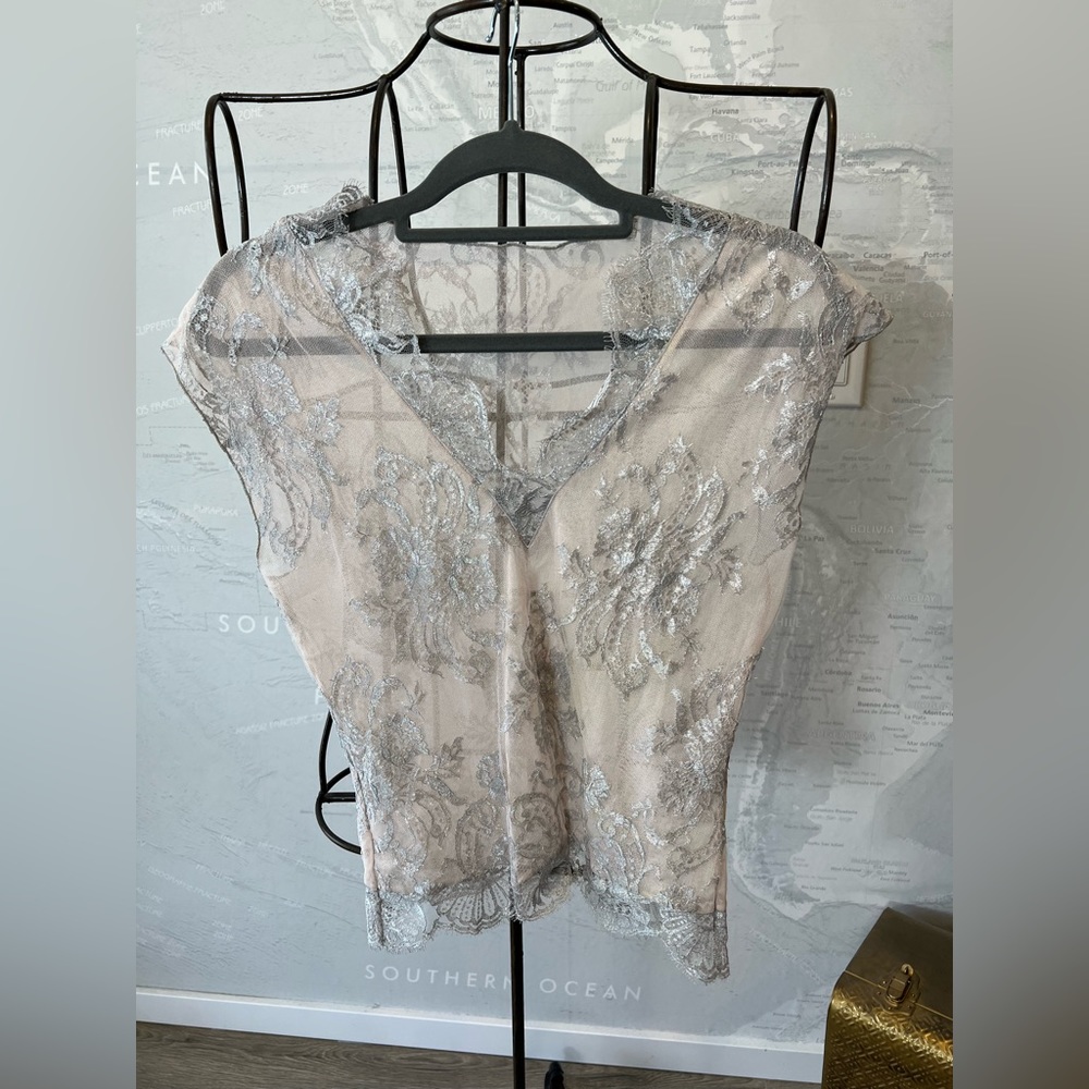 New Tom K Nguyen pink silver lace sheer top tee M